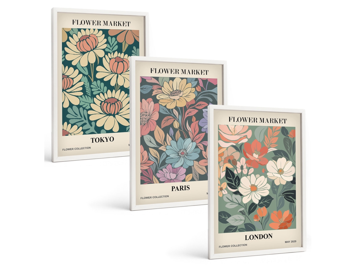 Conjunto De Pinturas Pôsteres Florais Tóquio Paris Londres Espelharte (3 Peças 40x60 Cm)