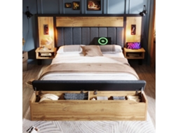 Cama Para Adulto 180×200 Cm Com Luz De Leitura Tomadas Banco De Arrumação Com Estrado Em Metal Natural Mobrio