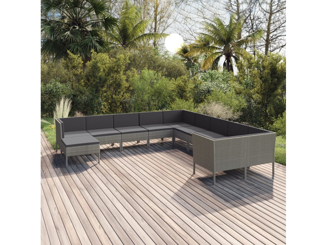 Conjunto 11 Peças Lounge De Jardim C/ Almofadões Vime Pe Cinzento Dkd Home Decor