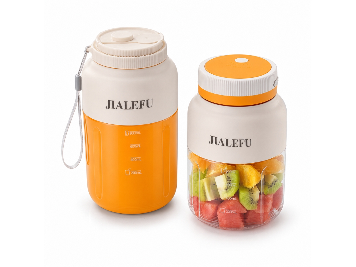 Liquidificadora Portátil Recarregável Jialefu, 38 Lâminas, Copo 1300 Ml, 2 Tampas, Bege