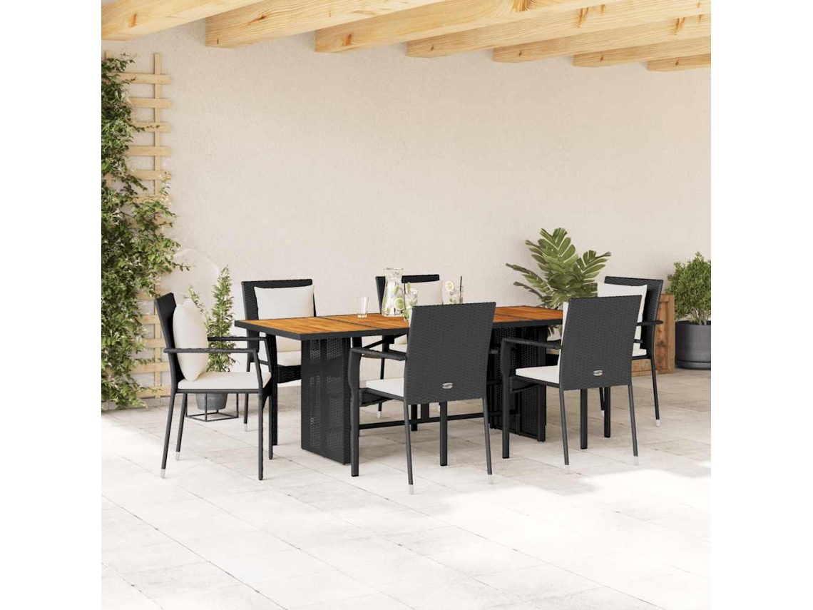 Vidaxl 7 Pcs Conjunto de Jantar P/ Jardim C/ Almofadões Vime Pe Preto