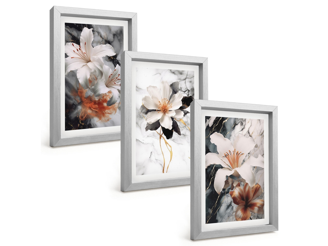 Composição De Quadros Flores, Mármore Branco E Preto Espelharte (3 Peças 20x30 Cm)