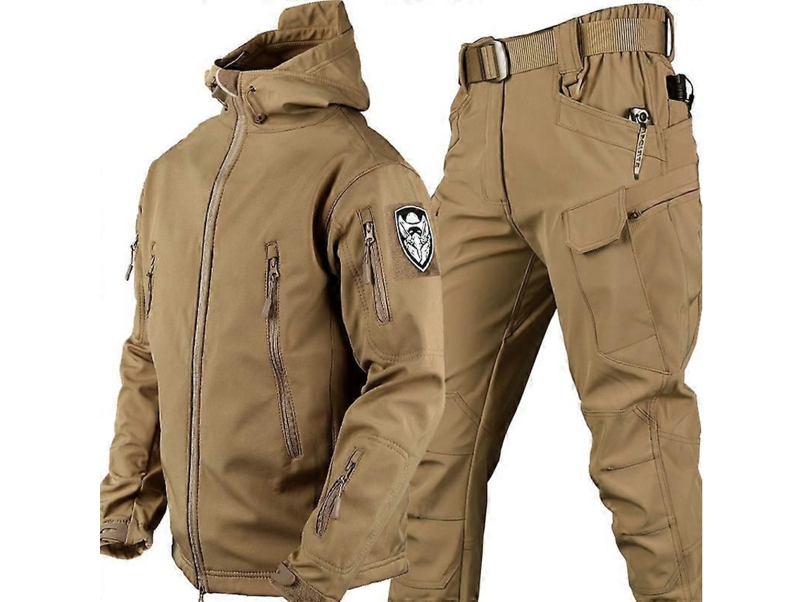 Conjunto De Jaqueta E Calça Camuflada Masculina Inverno Impermeável Antivento Tática Militar Caqui 3xl