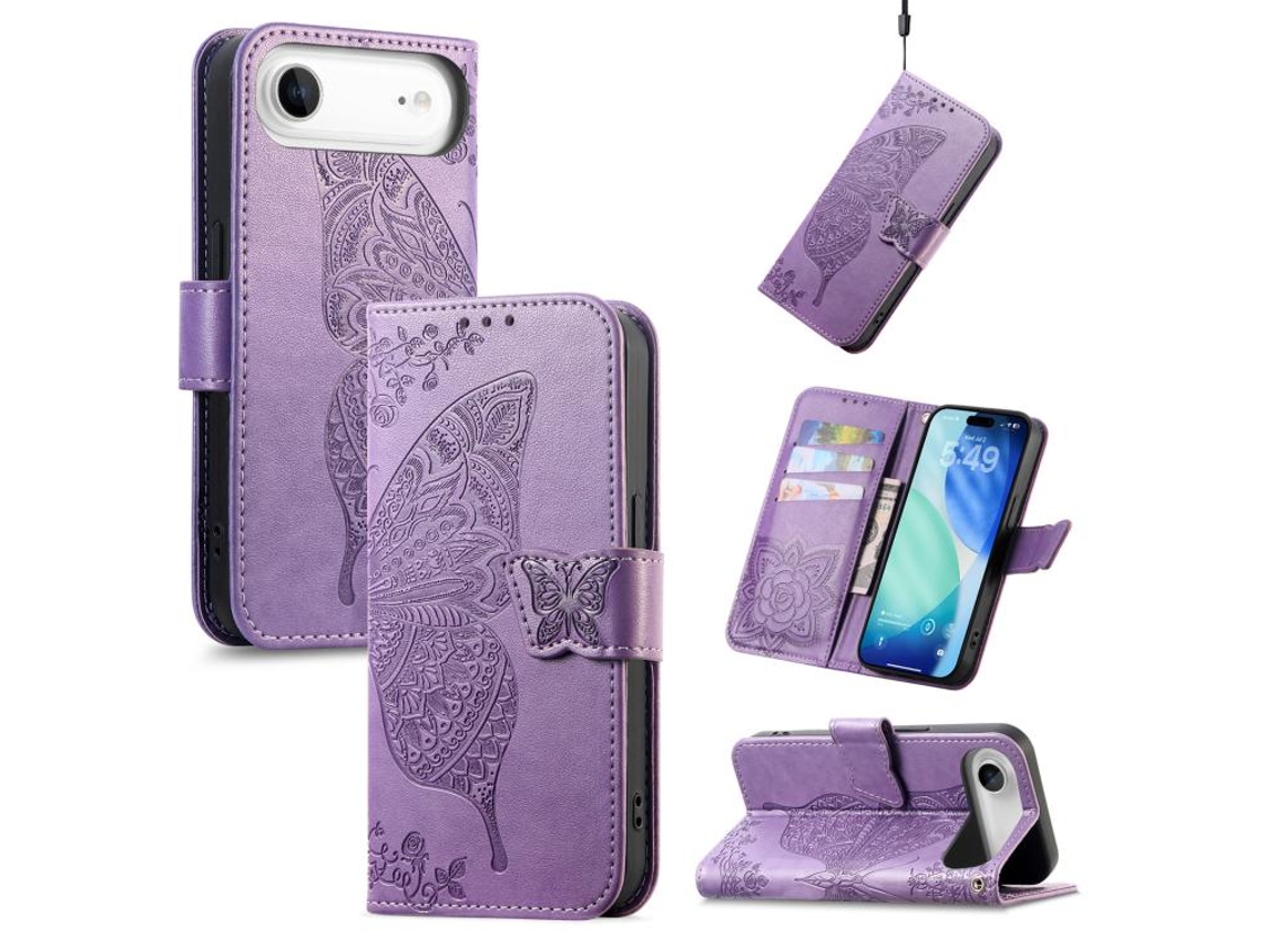 Capa De Couro Para Iphone 17 Air Shell Com Borboleta E Flores Em Relevo.