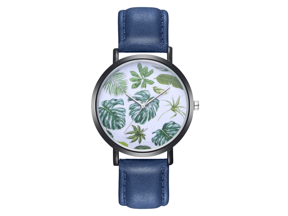 Relógio Zhoulianfa Quartz com pulseira de PU e mostrador redondo com padrão de folha (azul)