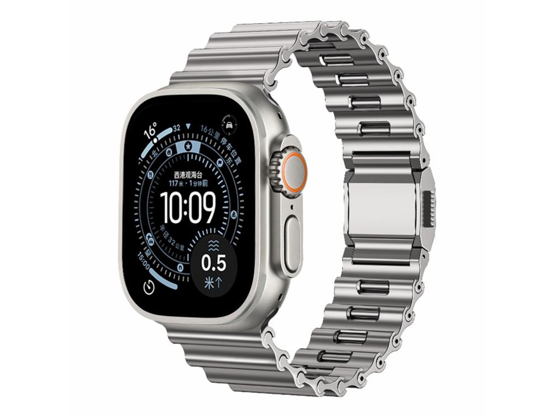 Bracelete Para Apple Watch 46/49/45/44mm - Aço Inoxidável Com Fivela Magnética Ocean Wave Titânio