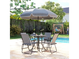 Conjunto Móveis Jardim 6 Peças Mesa Redonda Cadeiras Dobráveis Guarda-chuva Pátio Terraço Cinza