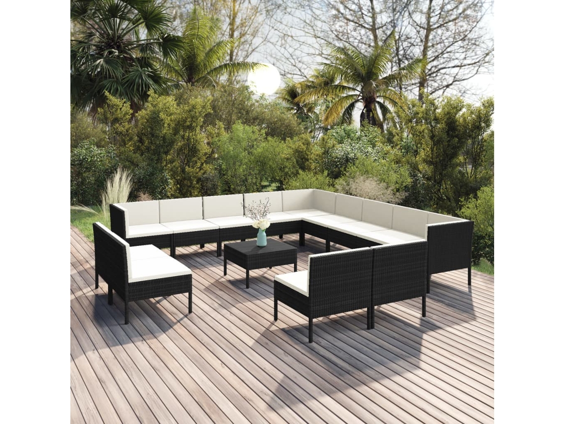 Vidaxl 14 Pcs Conjunto Lounge De Jardim C/ Almofadões Vime Pe Preto