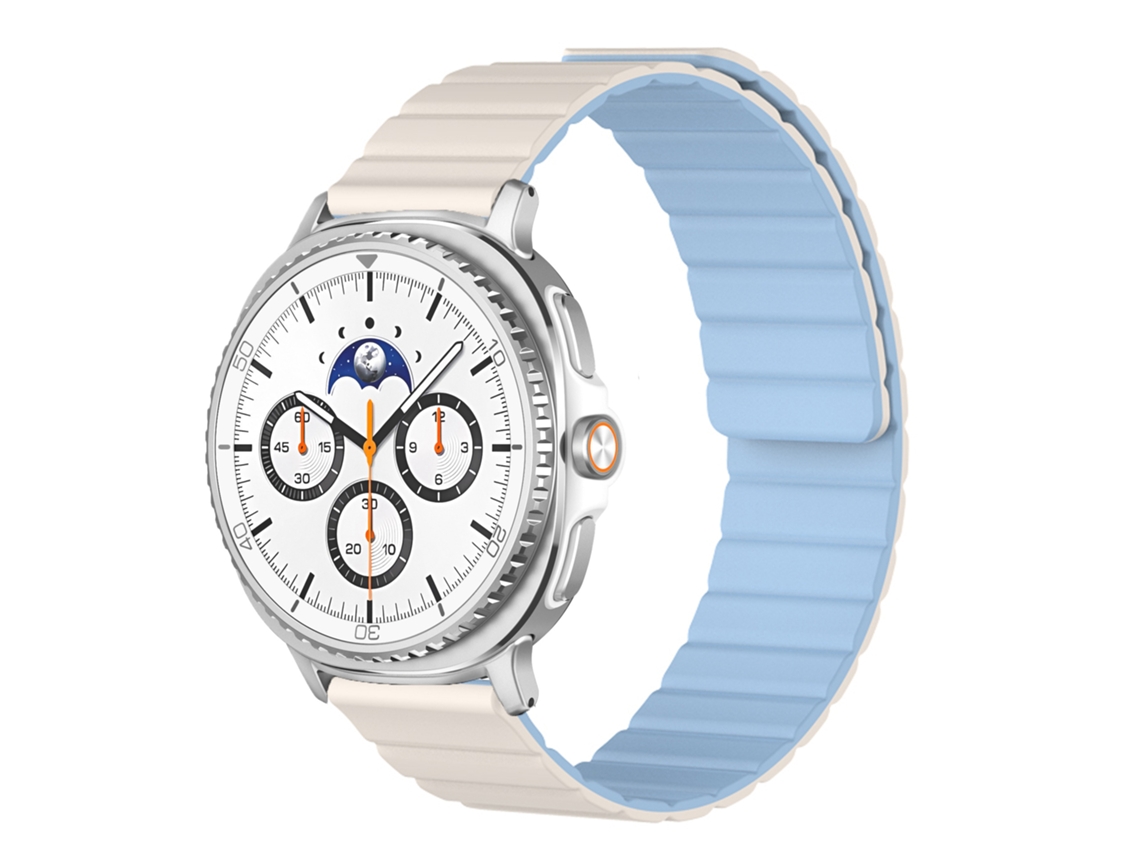 Pulseira magnética de silicone com proteção UV para Samsung Galaxy Watch8, branca antiga com detalhes em azul claro.