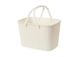 Cesta De Armazenamento Portátil De Plástico Tecido Em Rattan Imitação Com Alça, Cesta De Frutas Para Banho, Bege, Para Casa