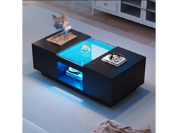 Mesa de Centro Preta 100x50x35,5 cm com Vidro, LED, App, 2 Gavetas e Nicho LYYTUNG