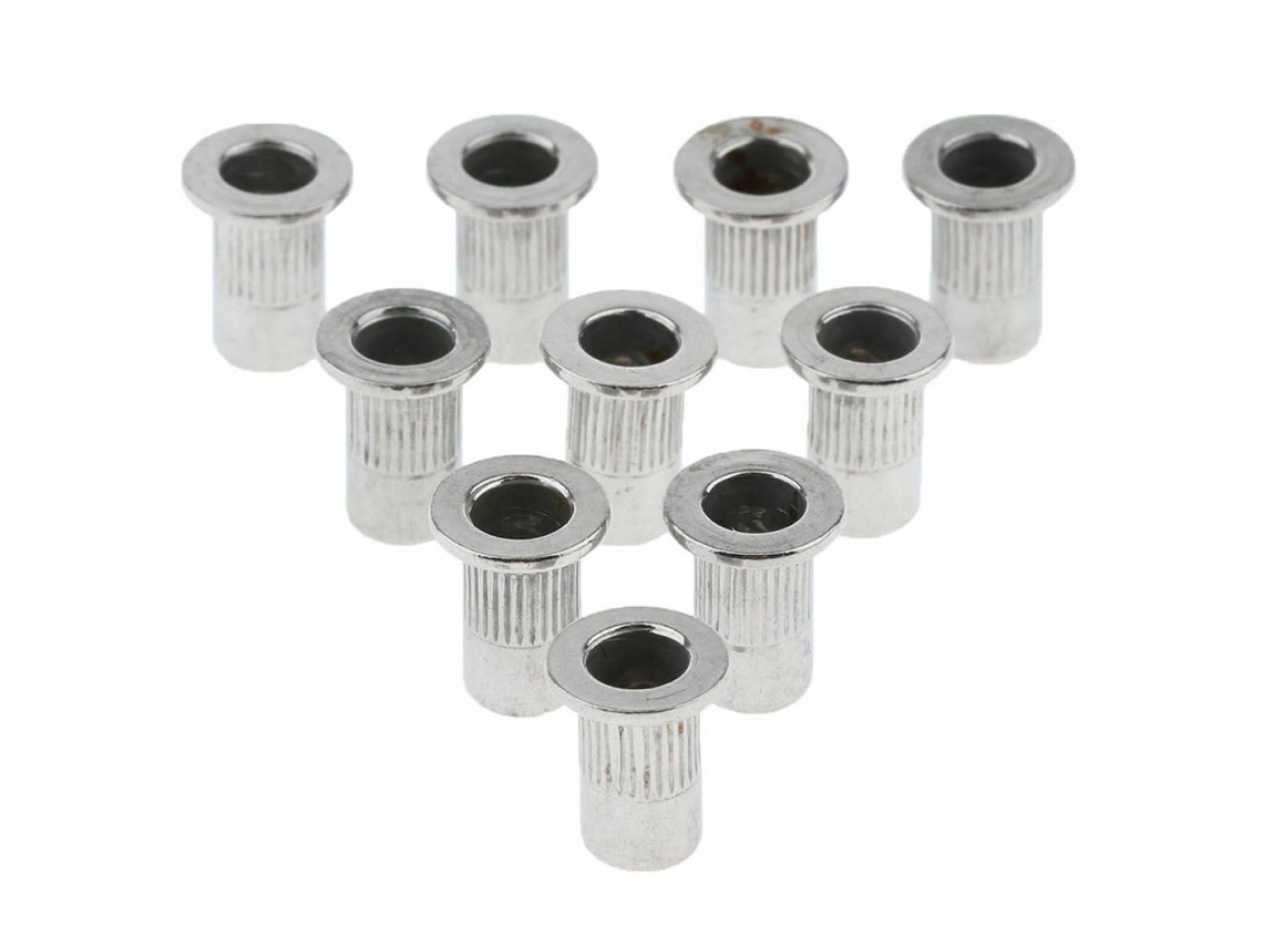 Conjunto de 10 brocas de aço inoxidável para rebitar com cabeça plana M6, fáceis de usar e armazenar.