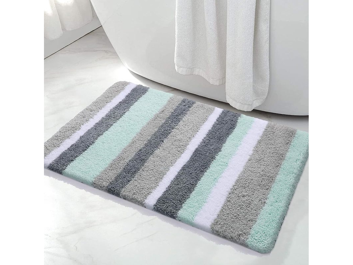 Tapete de Banho de Microfibra Listrado Verde e Cinza 2026, 43 x 61 cm, Espesso, Macio, Antiderrapante, Lavável à Máquina