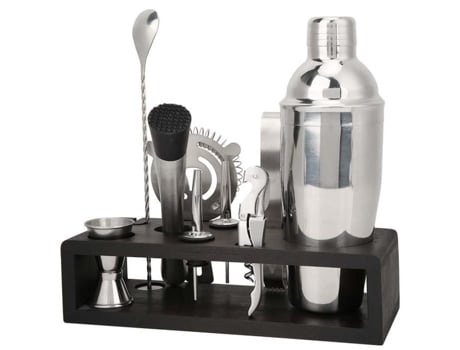 Ferramenta de barman - QIILU - Conjunto de 10 peças - Aço inoxidável - Suporte de madeira - Utensílios de bar