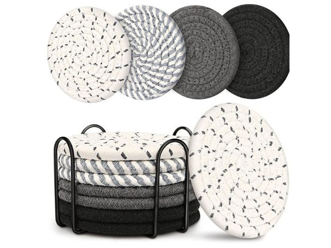 Conjunto 8 Pcs Sousplats Com Suporte Algodão Absorventes Preto 11 Cm Dureforward