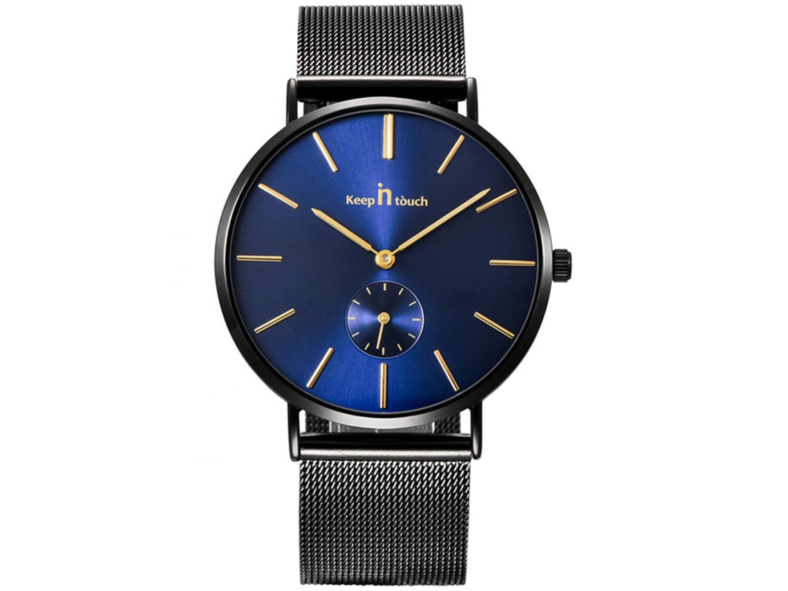 Reloj De Hombre Ultra Delgado Impermeable Con Cuerda De Acero Cuarzo (caja Negra Dial Azul)