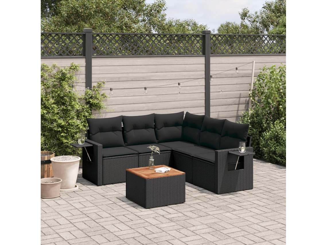 Vidaxl 6 Pcs Conjunto Sofás De Jardim C/ Almofadões Vime Pe Preto