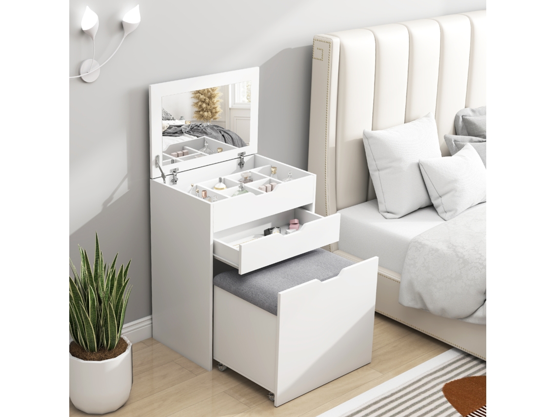 Toucador com Banco Oculto e Espelho Rebatível Mesa de Maquilhagem Gaveta e 7 Compartimentos Assento Acolchoado Branco