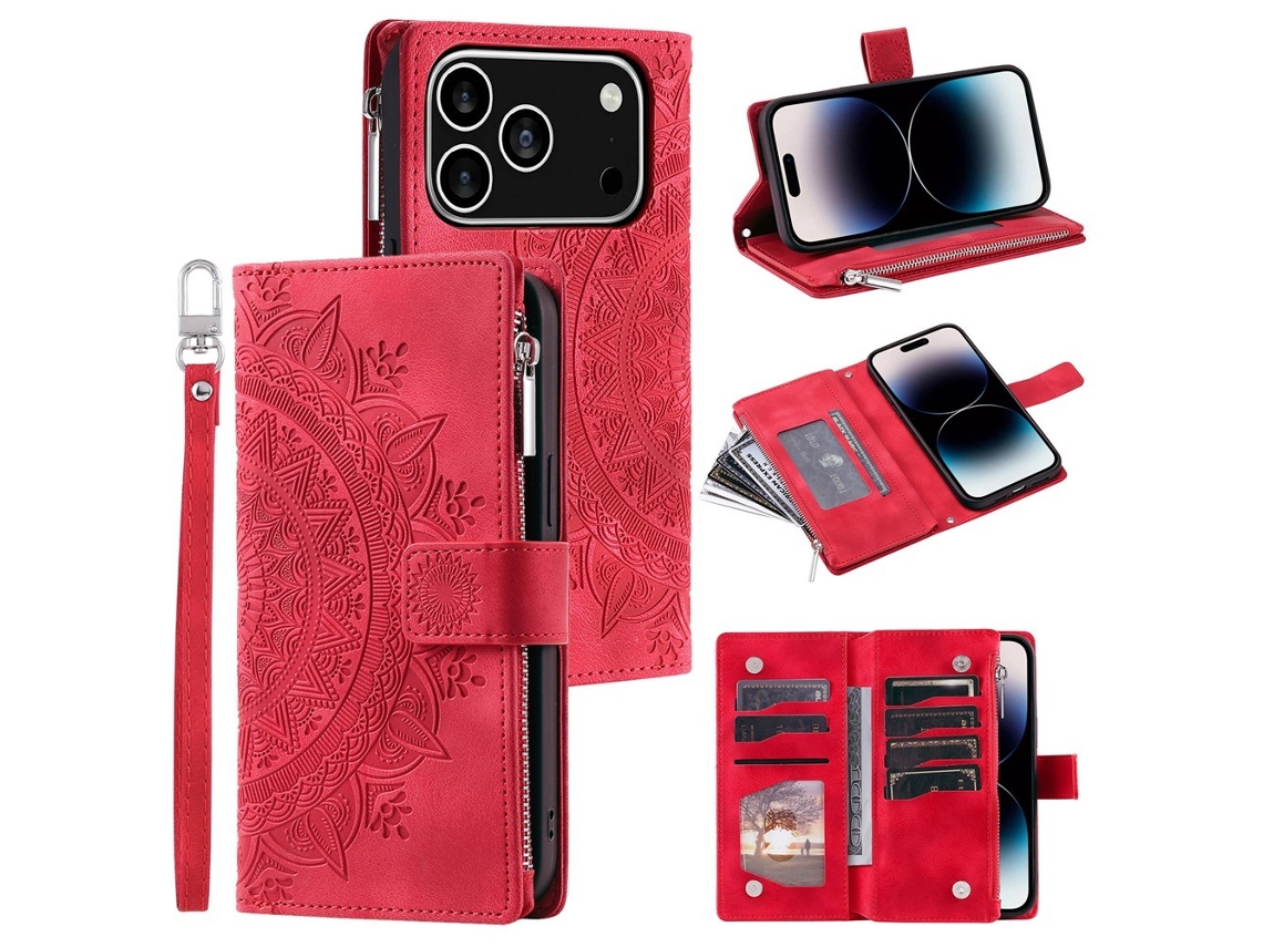 Capa Carteira Compatível Com Iphone 17 Pro, Com Estampa De Mandala Floral - Vermelha