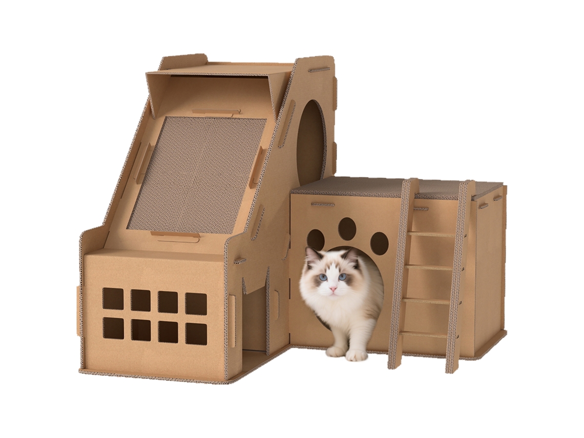 Arranhador para Gatos em Forma de Castelo 2 em 1 com 2 Áreas para Arranhar Catnip Rampa e Escada 67x66x57 Cm Castanho Ge
