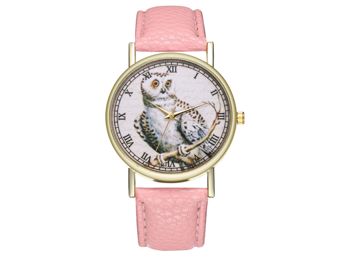 Relógio de pulso feminino elegante e moderno com movimento de quartzo e estampa de desenho animado rosa.