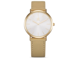 Relógio de Pulso Feminino Simples de Quartzo com Pulseira de Couro Pu Shengke (bege Branco)
