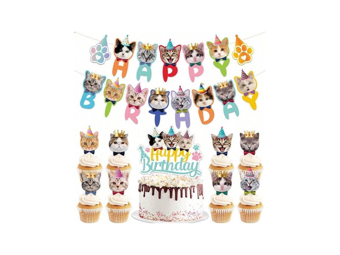Decorações De Festa De Aniversário Temática De Gato Bandeira Inserções De Bolo , Kit Completo. Igvtrade (2 Bandeiras 8 Pequenas 1 Grande)