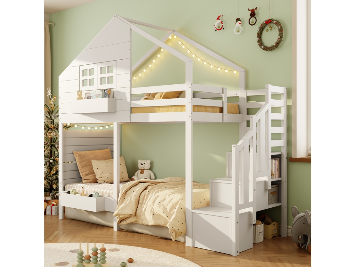Beliche, Cama Móbil, Berço 90x200cm com Proteção Contra Quedas e Escadas de Armazenamento, Cama Juvenil, com Janela, Madeira Maciça, Branca Ge