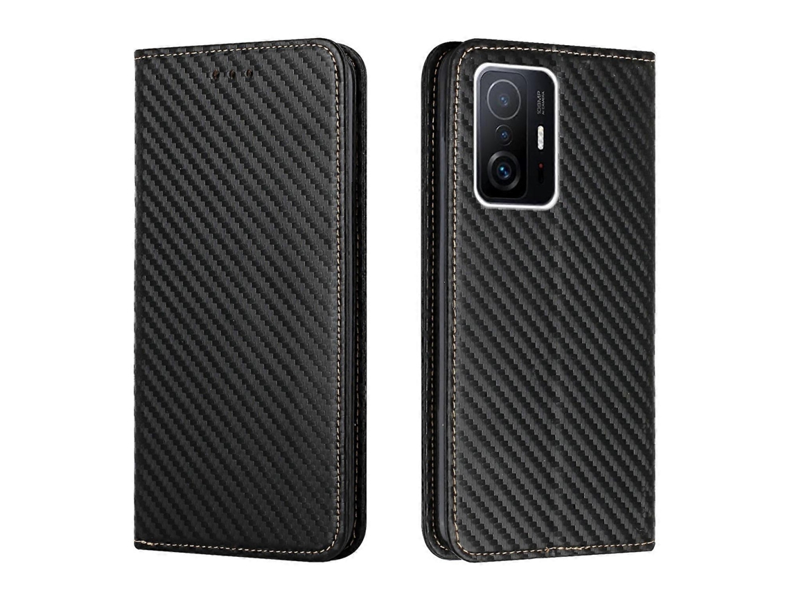 Capa De Celular Xiaomi Mi 11t Com Textura De Fibra De Carbono E Suporte Flip Em Couro.