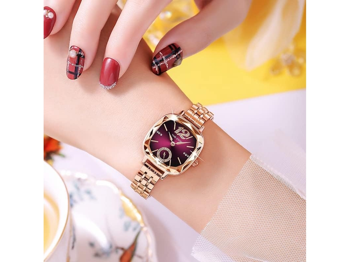 Lurelia Relógio Feminino, Movimento De Quartzo, Analógico, Detalhes Com Strass, 26 Mm, 10 Mm, Aço Inoxidável, Rosa Ouro, Verde