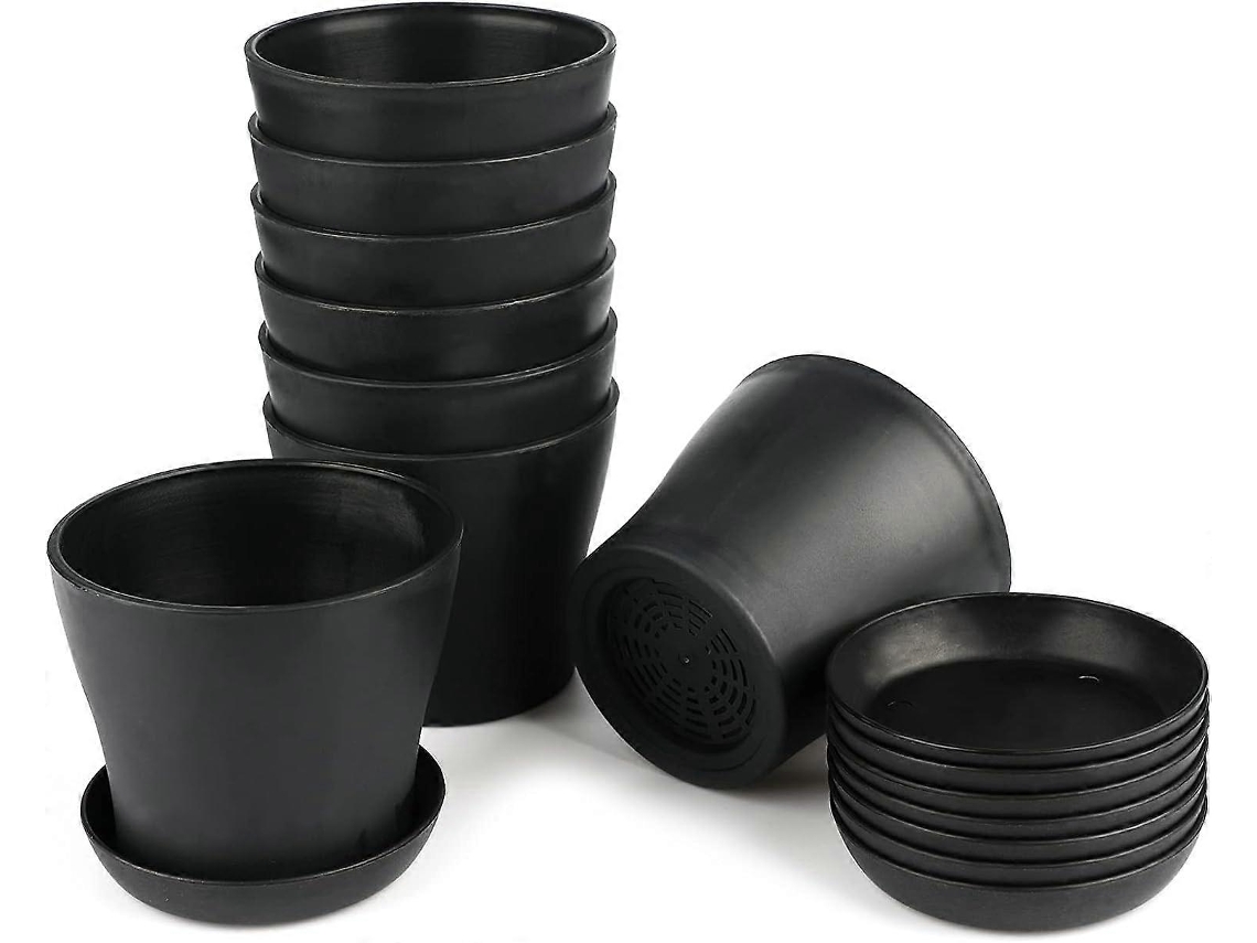 Set de 8 Macetas de Plástico Negro Pequeñas de 10 Cm Con Bandejas para Oficina Y Hogar