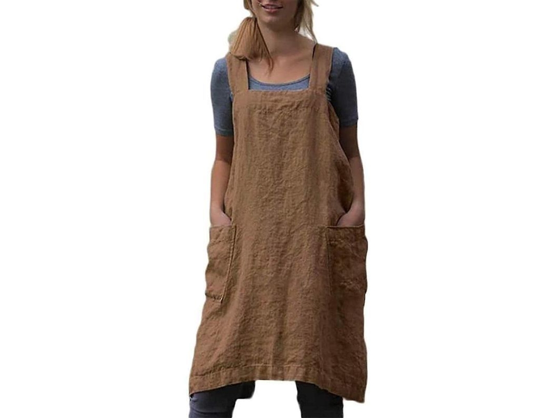 Delantal De Algodão E Linho Para Mulher Com Bolsos E Espalda Cruzada, Ideal Para Cozinha E Confeitaria L Caqui