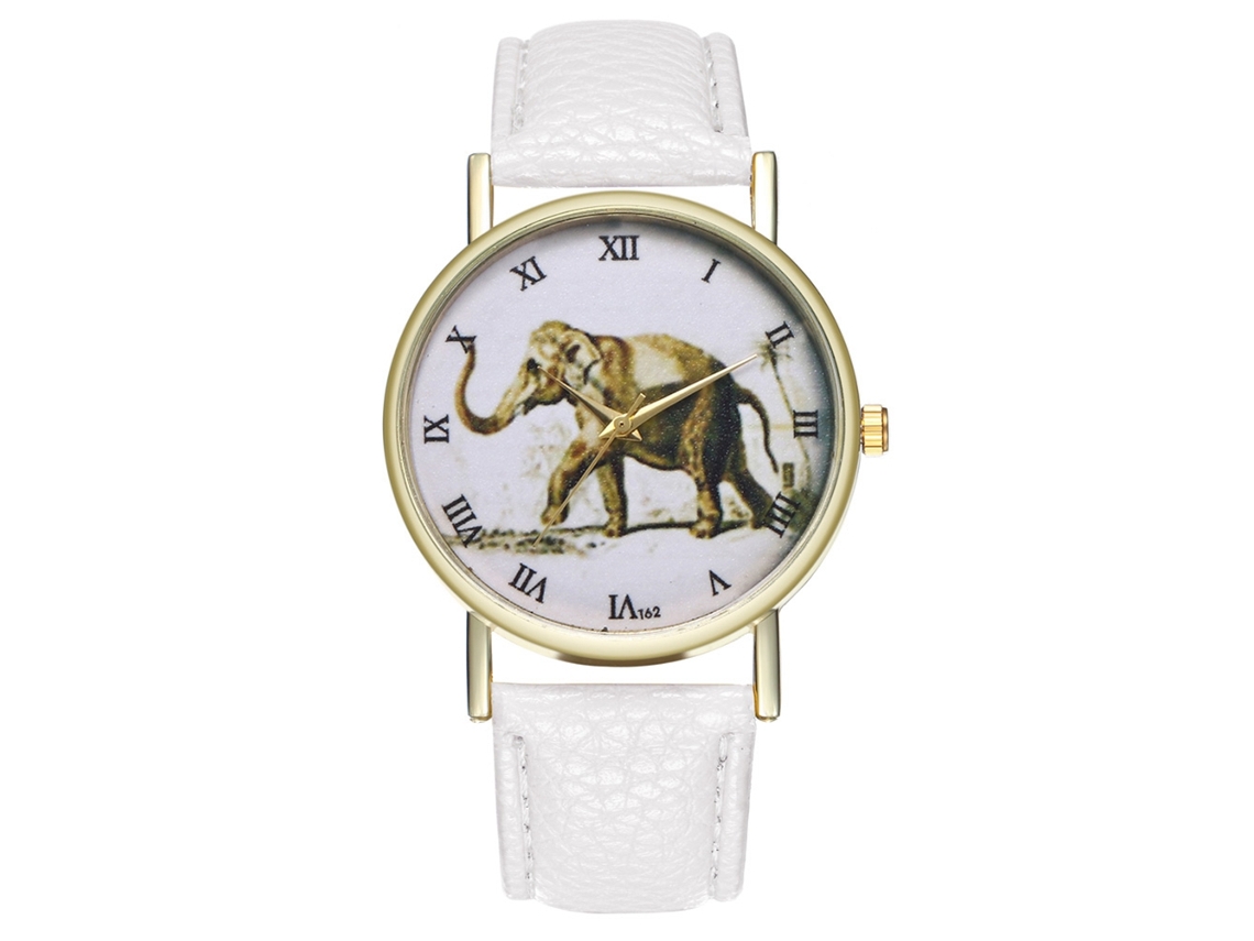 Reloj De Cuarzo Con Correa De Cuero Pu Estampado De Elefante Y Números Romanos (blanco)