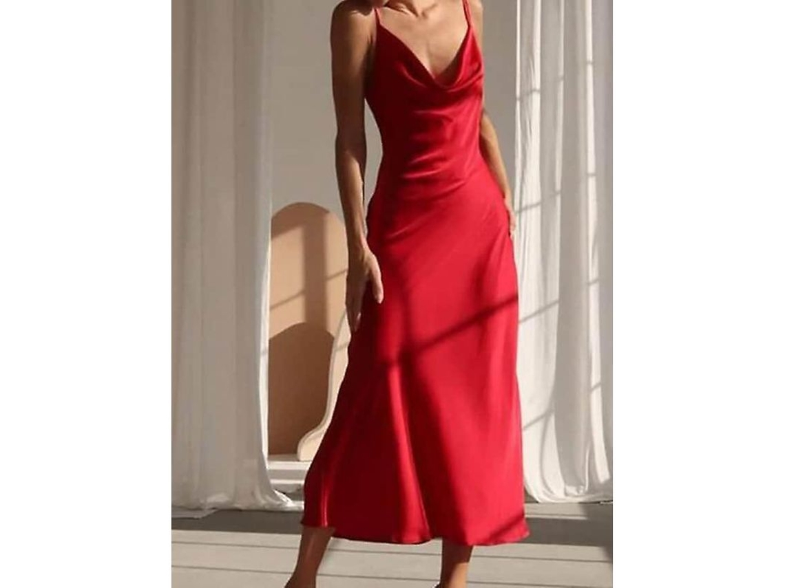 Fasst vestido Satin Mujer Sin Mangas Cuello V Largo Elegante Fiesta Navidad Primavera Otoño Color Solido