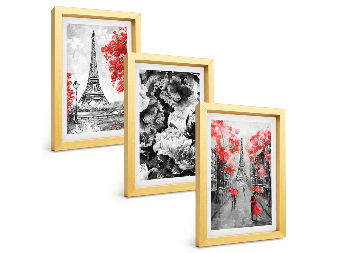 Galeria De Pinturas Muraistorre Eiffel, Pinturas Cinza Moldura Dourada Fotos Para O Escritório Espelharte (3 Peças 20x30 Cm)