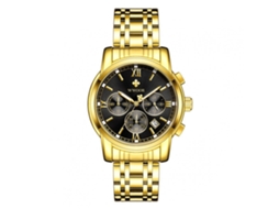 Relógio de pulso analógico de quartzo com pulseira ajustável em PU, à prova d'água, preto e dourado.