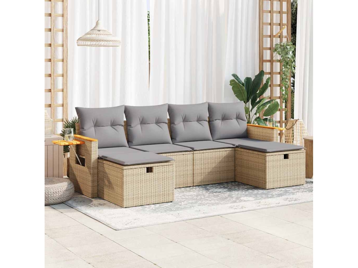 Vidaxl 6 Pcs Conjunto De Sofás P/ Jardim Com Almofadões Vime Pe Bege