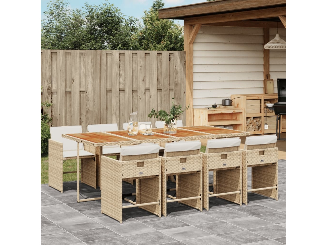 Vidaxl 9 Pcs Conjunto De Jantar P/ Jardim Com Almofadões Vime Pe Bege