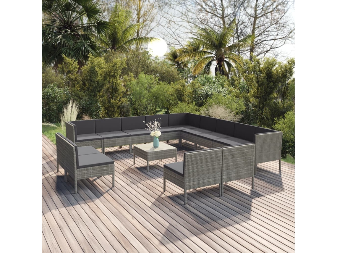 Vidaxl 14 Pcs Conjunto Lounge De Jardim C/ Almofadões Vime Pe Cinzento