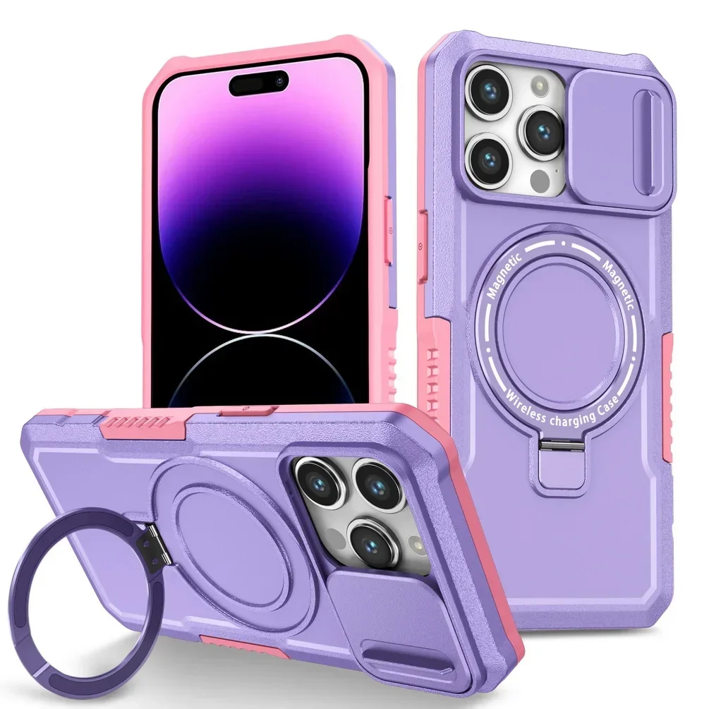 Capa Para Iphone 16 Pro Max Roxa Com Suporte, Proteção Deslizante Para A Câmera E Resistente A Quedas.