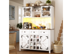 Armário De Cozinha Alto Com Usb E Tomadas, Lateral De 4 Portas E 3 Gavetas, Buffet Com Fita Led, Branco, 120x40x170 Cm