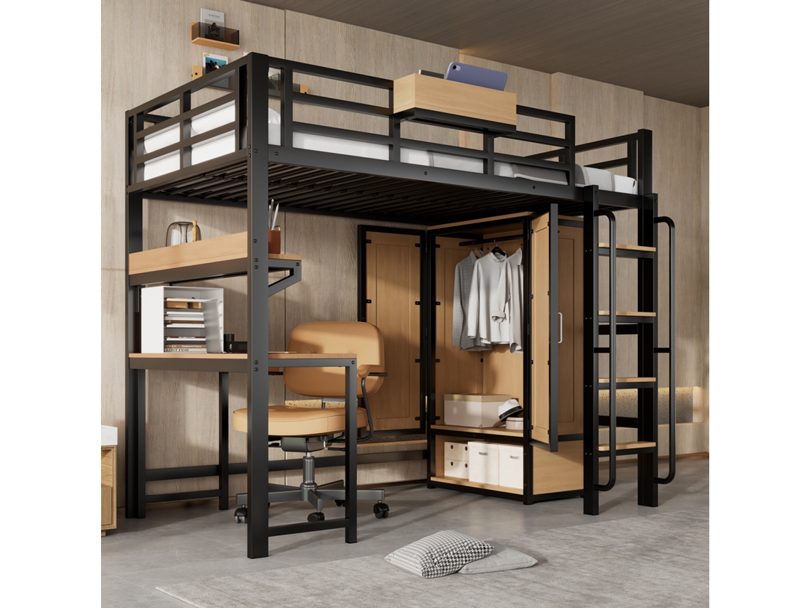 Cama Beliche Ferro, Guarda-roupa Dupla Porta, Escada Corrimão, Mesa Prateleira, Nichos Superior, Preto E Natural, 90x200cm
