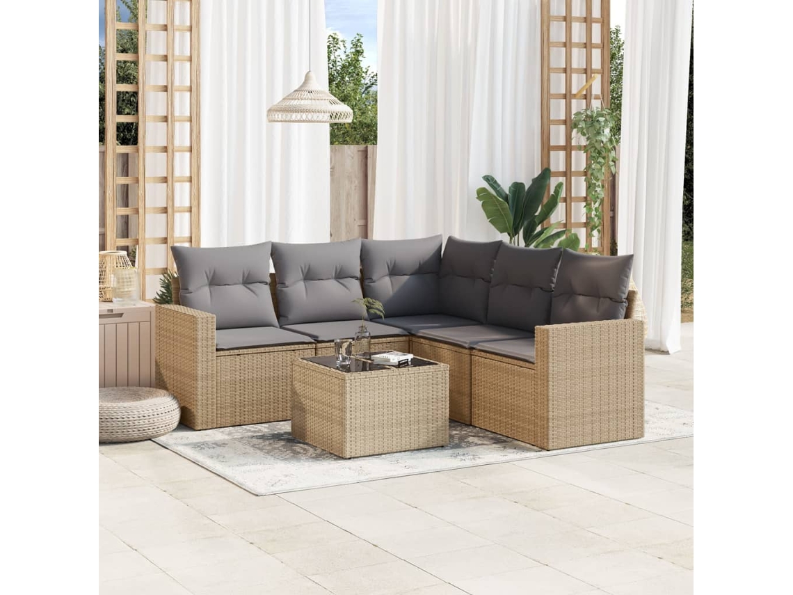 Vidaxl 6 Pcs Conjunto De Sofás P/ Jardim Com Almofadões Vime Pe Bege