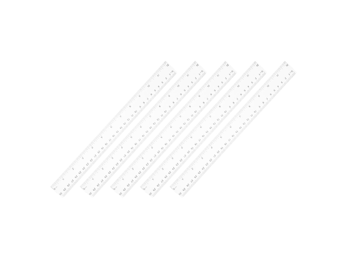 Régua métrica transparente em ABS, 30 cm, pacote com 5 unidades.