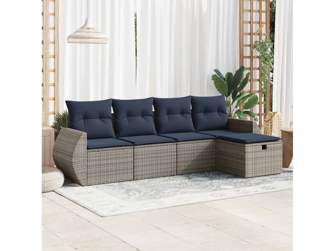 Vidaxl 5 Pcs Conjunto Sofás De Jardim C/ Almofadões Vime Pe Cinzento