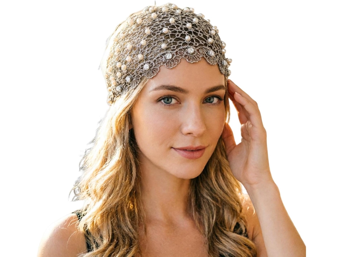 Faixa de cabelo vintage com elástico, detalhes em Ilhós e strass.