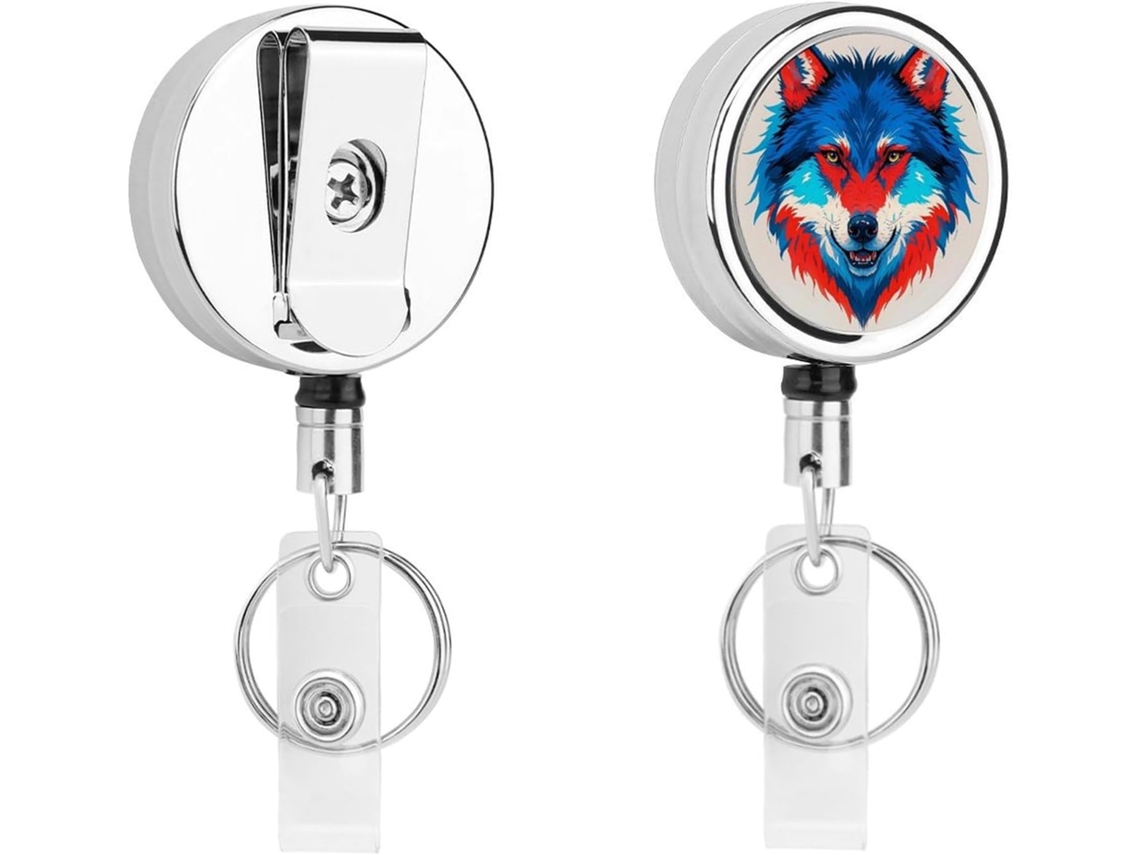 Porta-crachá retrátil em aquarela com clipe, com núcleos azuis, vermelho e com estampa de lobo azul