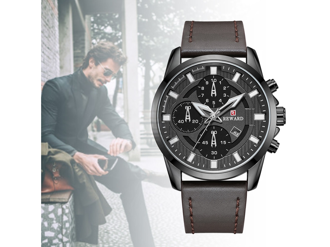 Relógio masculino de quartzo com pulseira de couro, calendário, casual e formal, modelo Reward (preto)