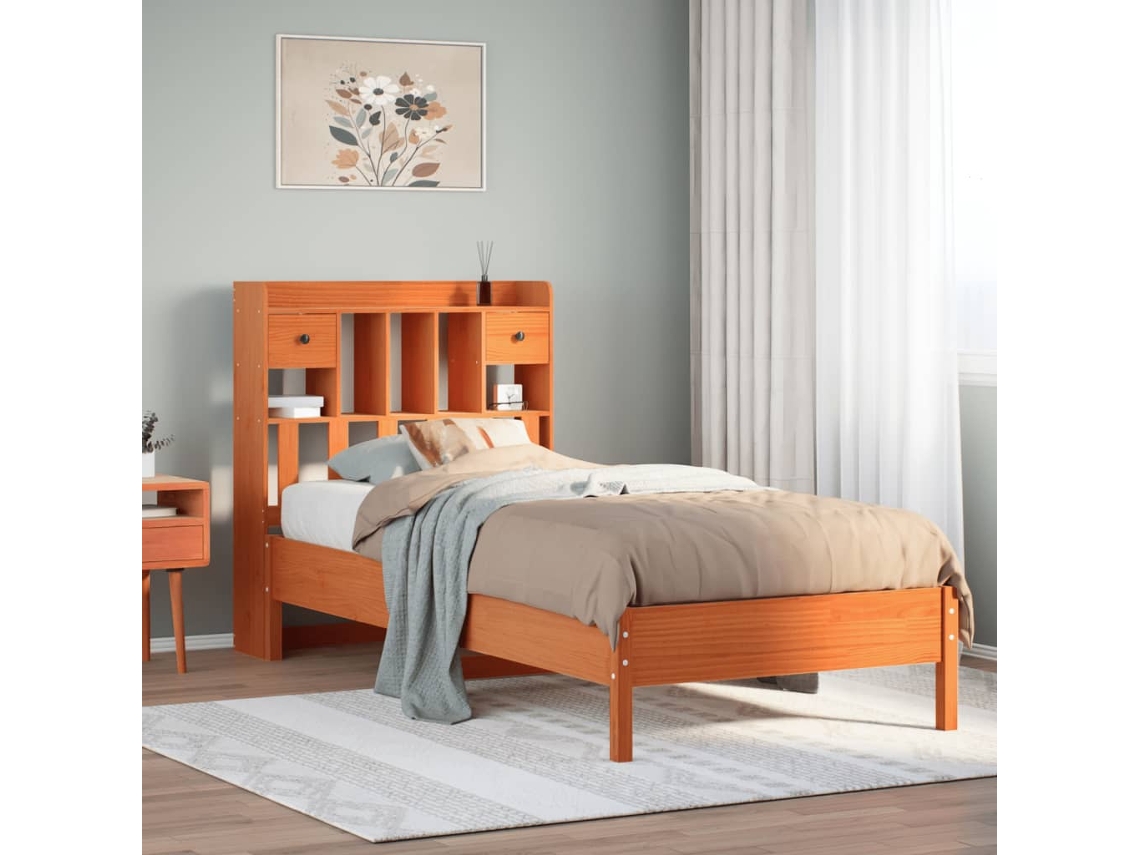 Cama Com Estante Sem Colchão 75x190cm Pinho Maciço Castanho-mel