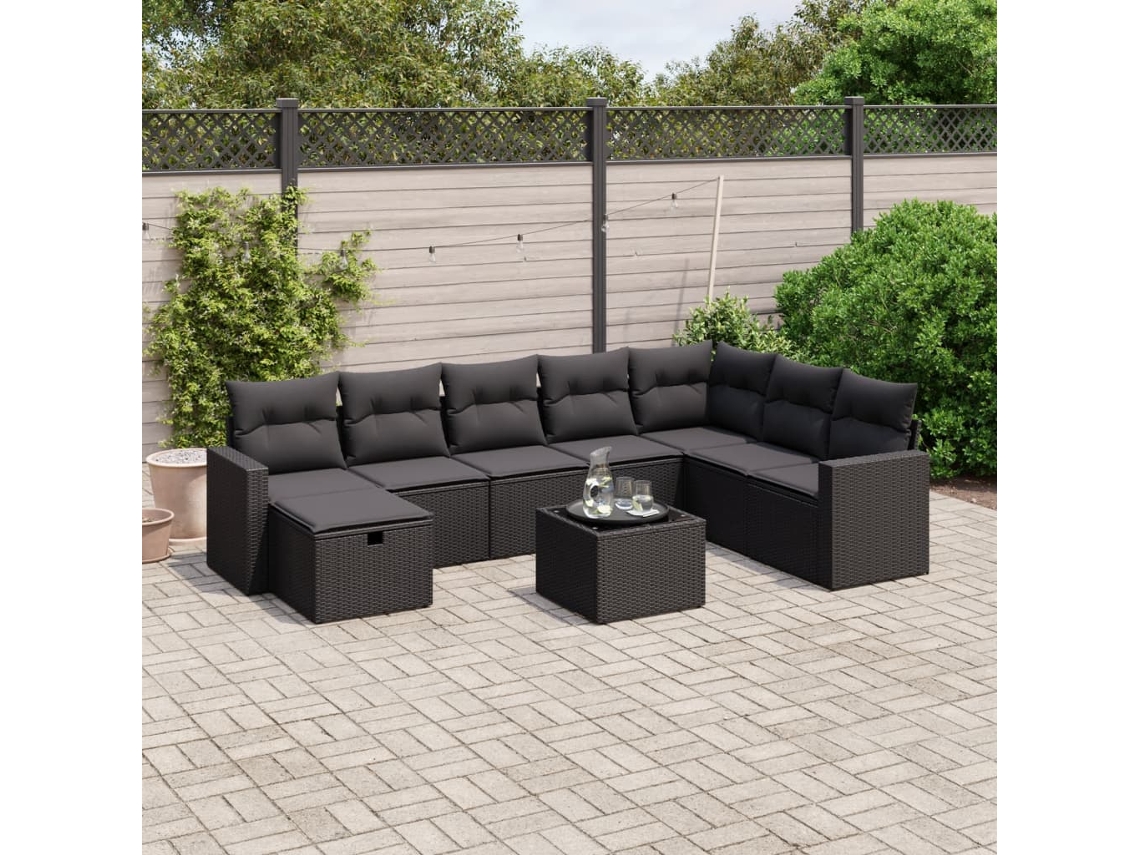 Vidaxl 9 Pcs Conjunto De Sofás P/ Jardim C/ Almofadões Vime Pe Preto